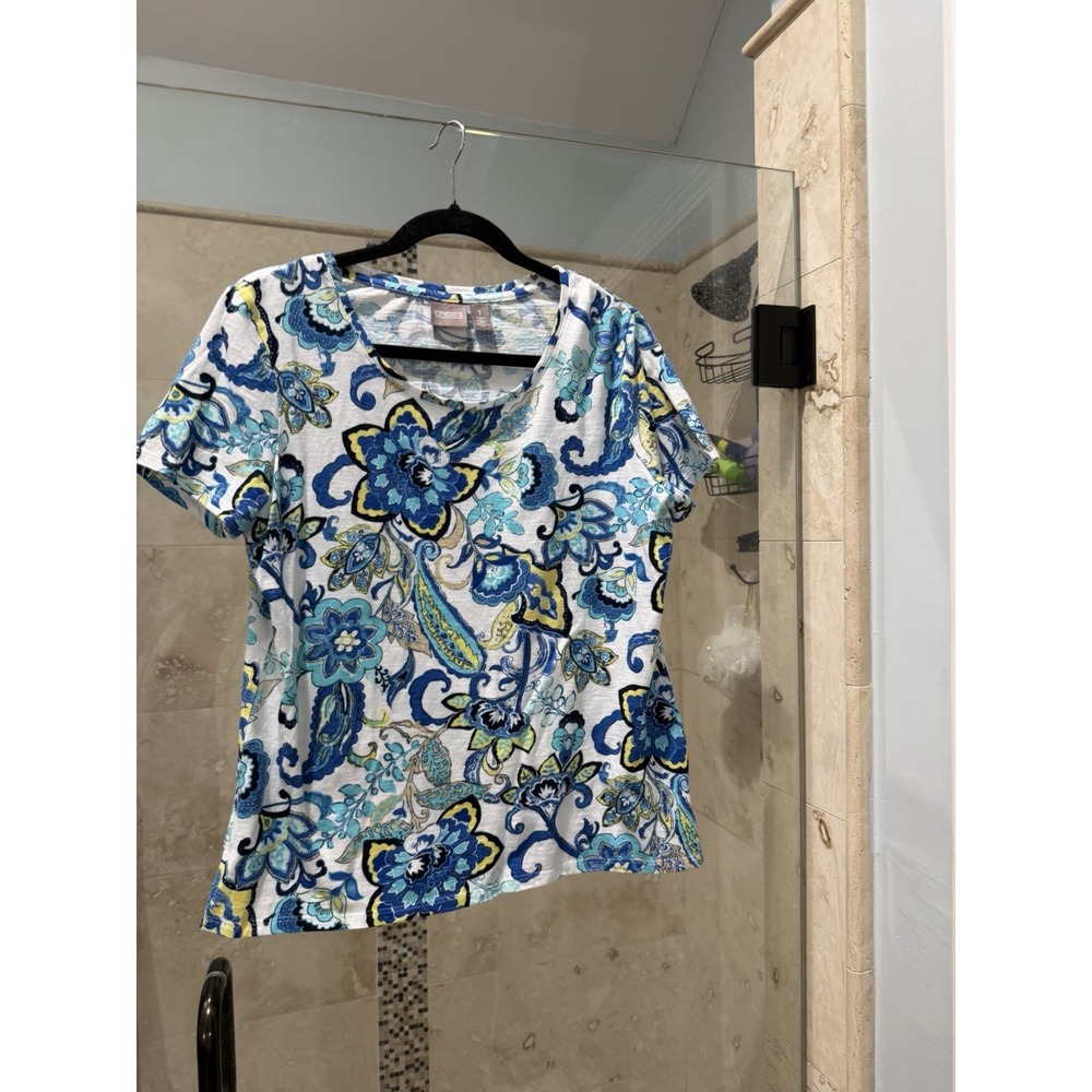 Chico's Size 1 M 8 Floral Summer Asian Graphic Tee Tshirt Blue Yellow White